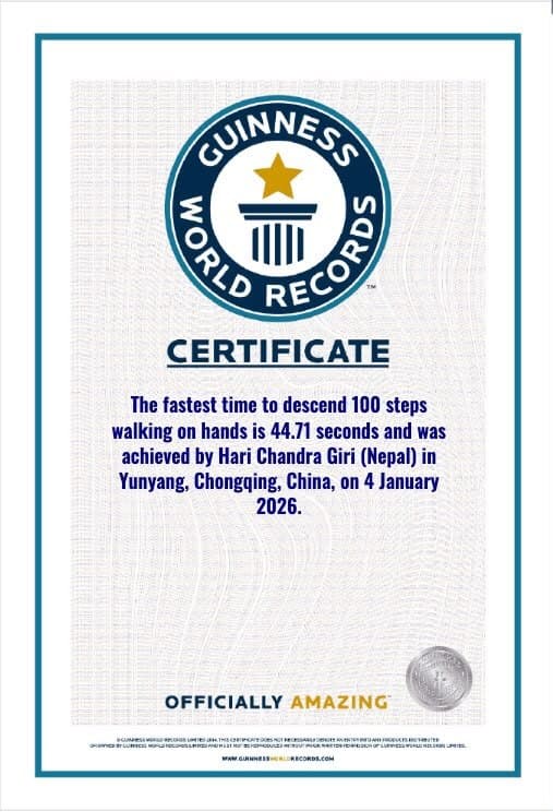 Guinness World Records certificate — Fastest time to descend 100 stairs walking on hands