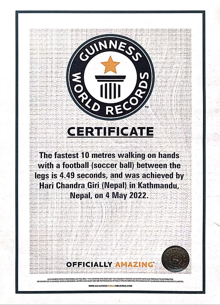 Guinness World Records certificate — Fastest 10 m walking on hands with a football between the legs