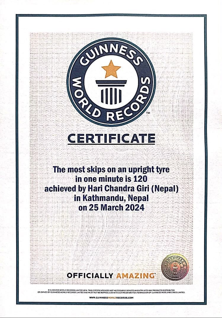 Guinness World Records certificate — Most skips on an upright tyre in one minute