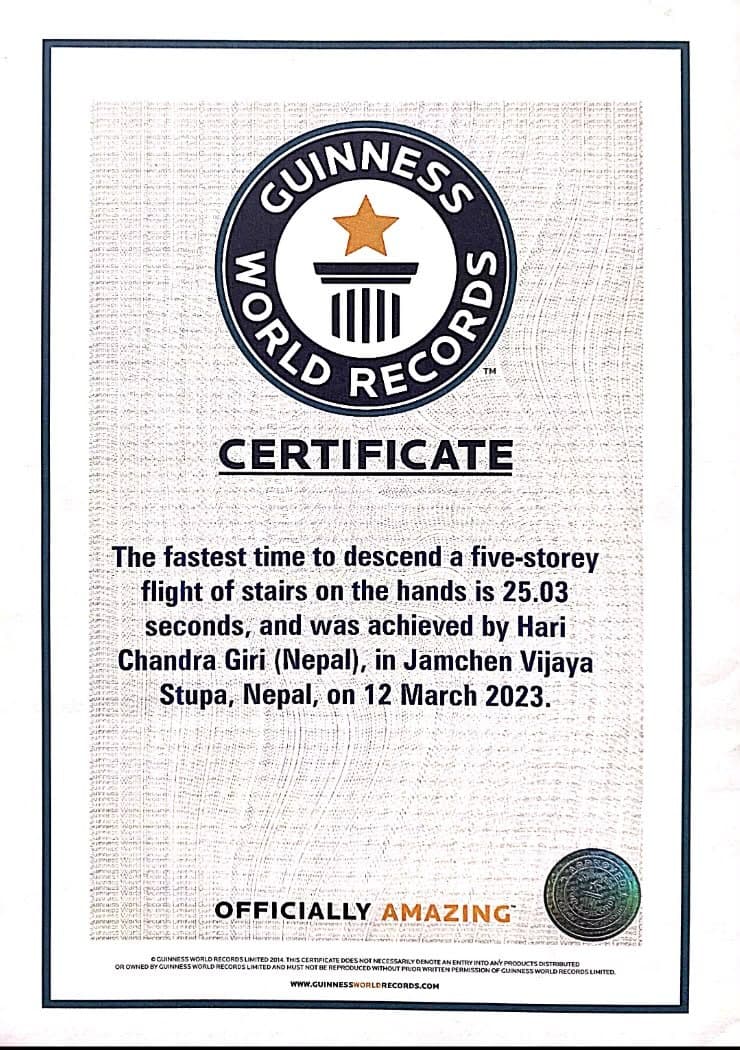 Guinness World Records certificate — Fastest time to descend 75 stairs on the hands