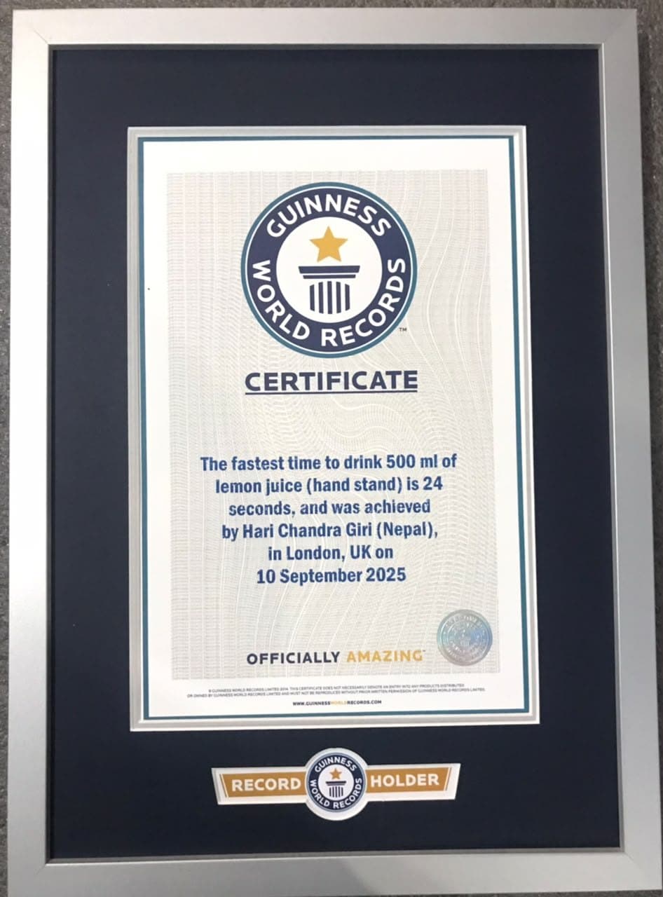 Guinness World Records certificate — Fastest time to drink 500 ml of lemon juice in a handstand